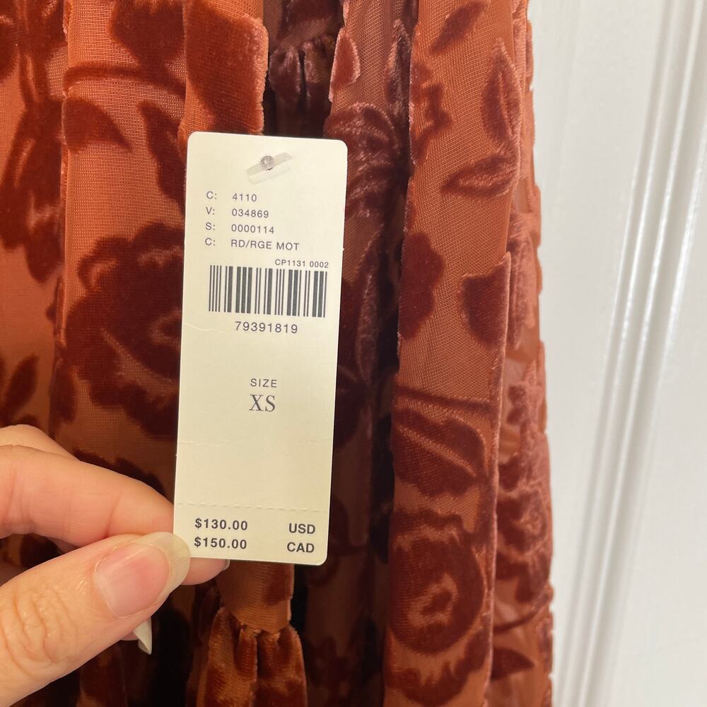 Anthropologie Velvet Burnout Blouse Tie Neck Floral Peplum Sienna Brown NWT XS - Picture 7 of 8